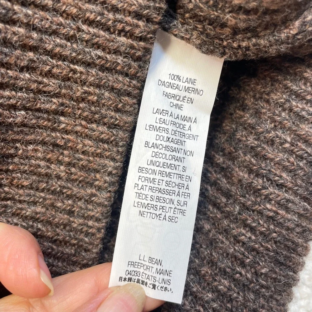 LL Bean Sweater Mens L Tall Brown Merino Lambswool 1/4 Zip Ribbed Knit 237814
